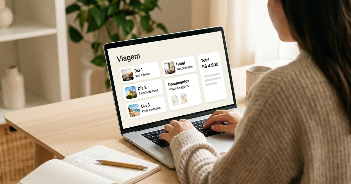 Dono de agência comparando sistemas, com a viagem de um cliente aberta ao lado mostrando dias, hotéis, valores e documentos no mesmo lugar